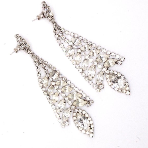 Vintage 90's Rhinestones Rhodium Plate Fancy Bridal Dangle Long Post Earrings - Picture 9 of 10